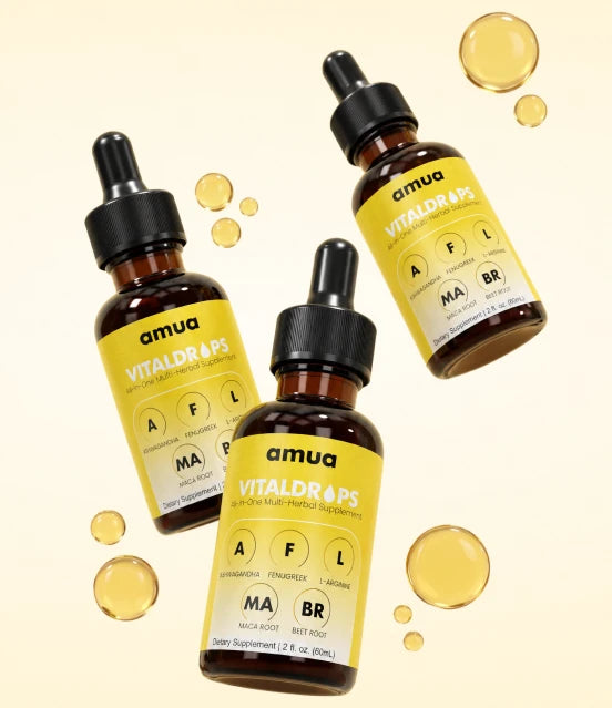 Three bottles of VitalDrops with golden oil drops